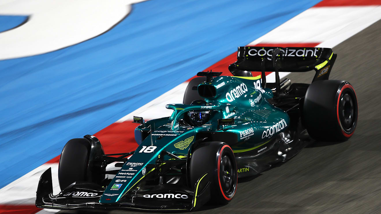BAHRAIN, BAHRAIN - MARCH 18: Lance Stroll of Canada driving the (18) Aston Martin AMR22 Mercedes on track during practice ahead of the F1 Grand Prix of Bahrain at Bahrain International Circuit on March 18, 2022 in Bahrain, Bahrain. (Photo by Joe Portlock - Formula 1/Formula 1 via Getty Images)