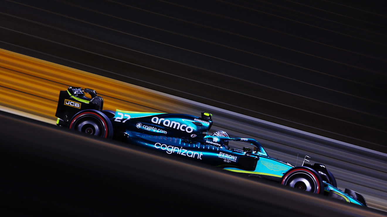 BAHRAIN, BAHRAIN - MARCH 18: Nico Hulkenberg of Germany driving the (27) Aston Martin AMR22 Mercedes on track during practice ahead of the F1 Grand Prix of Bahrain at Bahrain International Circuit on March 18, 2022 in Bahrain, Bahrain. (Photo by Lars Baron/Getty Images)