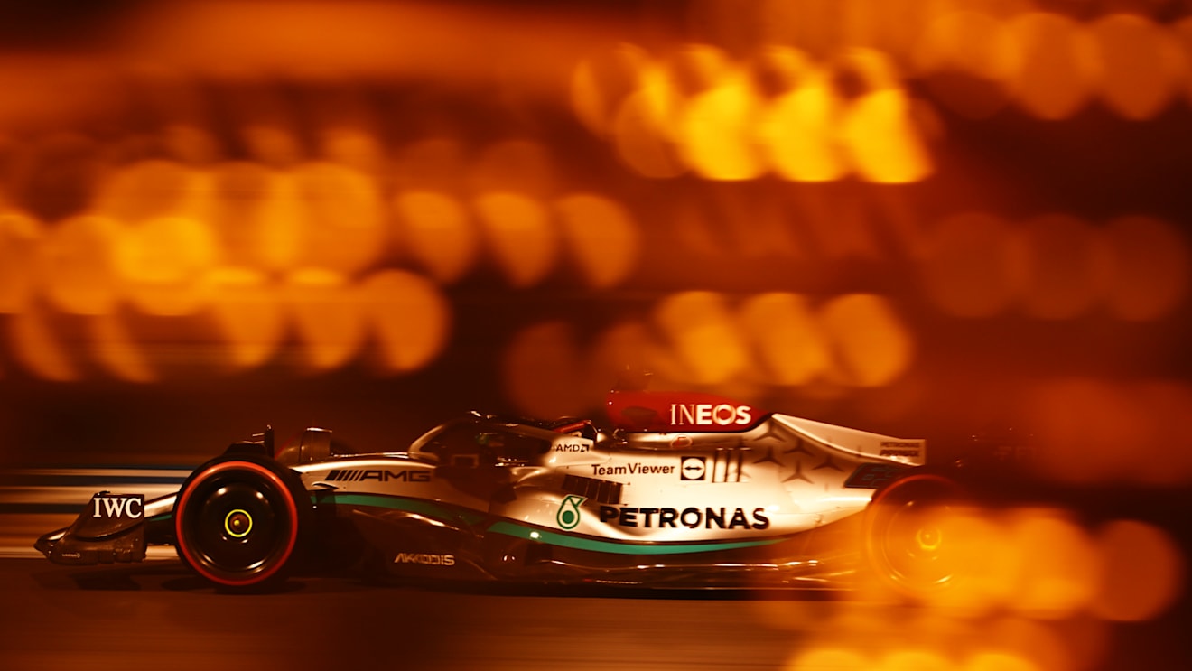 BAHRAIN, BAHRAIN - MARCH 18: George Russell of Great Britain driving the (63) Mercedes AMG Petronas F1 Team W13 on track during practice ahead of the F1 Grand Prix of Bahrain at Bahrain International Circuit on March 18, 2022 in Bahrain, Bahrain. (Photo by Clive Mason/Getty Images)
