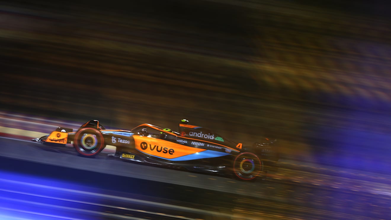 BAHRAIN, BAHRAIN - MARCH 18: Lando Norris of Great Britain driving the (4) McLaren MCL36 Mercedes on track during practice ahead of the F1 Grand Prix of Bahrain at Bahrain International Circuit on March 18, 2022 in Bahrain, Bahrain. (Photo by Dan Istitene - Formula 1/Formula 1 via Getty Images)