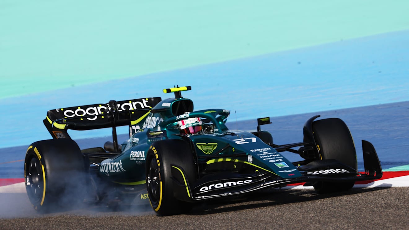 BAHRAIN, BAHRAIN - MARCH 19: Nico Hulkenberg of Germany driving the (27) Aston Martin AMR22 Mercedes locks a wheel under braking during final practice ahead of the F1 Grand Prix of Bahrain at Bahrain International Circuit on March 19, 2022 in Bahrain, Bahrain. (Photo by Clive Rose - Formula 1/Formula 1 via Getty Images)