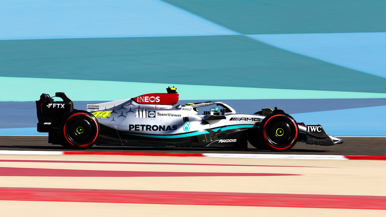 BAHRAIN, BAHRAIN - MARCH 19: Lewis Hamilton of Great Britain driving the (44) Mercedes AMG Petronas F1 Team W13 on track during final practice ahead of the F1 Grand Prix of Bahrain at Bahrain International Circuit on March 19, 2022 in Bahrain, Bahrain. (Photo by Mark Thompson/Getty Images)
