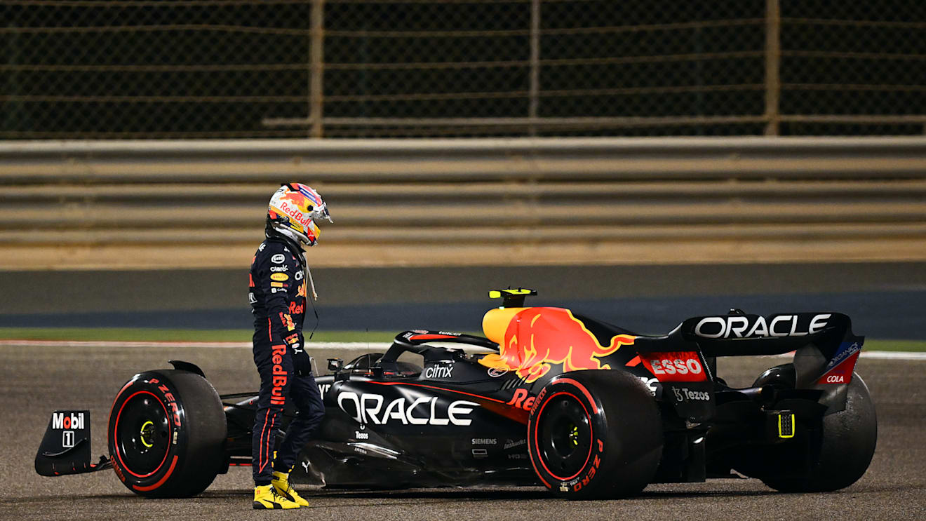 BAHRAIN, BAHRAIN - MARCH 20: Sergio Perez of Mexico and Oracle Red Bull Racing retires from the race during the F1 Grand Prix of Bahrain at Bahrain International Circuit on March 20, 2022 in Bahrain, Bahrain. (Photo by Clive Mason/Getty Images)
