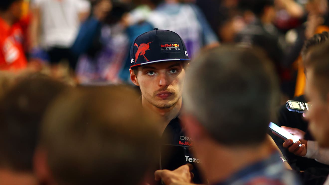 BAHRAIN, BAHRAIN - MARCH 20: Max Verstappen of the Netherlands and Oracle Red Bull Racing talks to the media in the Paddock after the F1 Grand Prix of Bahrain at Bahrain International Circuit on March 20, 2022 in Bahrain, Bahrain. (Photo by Dan Istitene - Formula 1/Formula 1 via Getty Images)