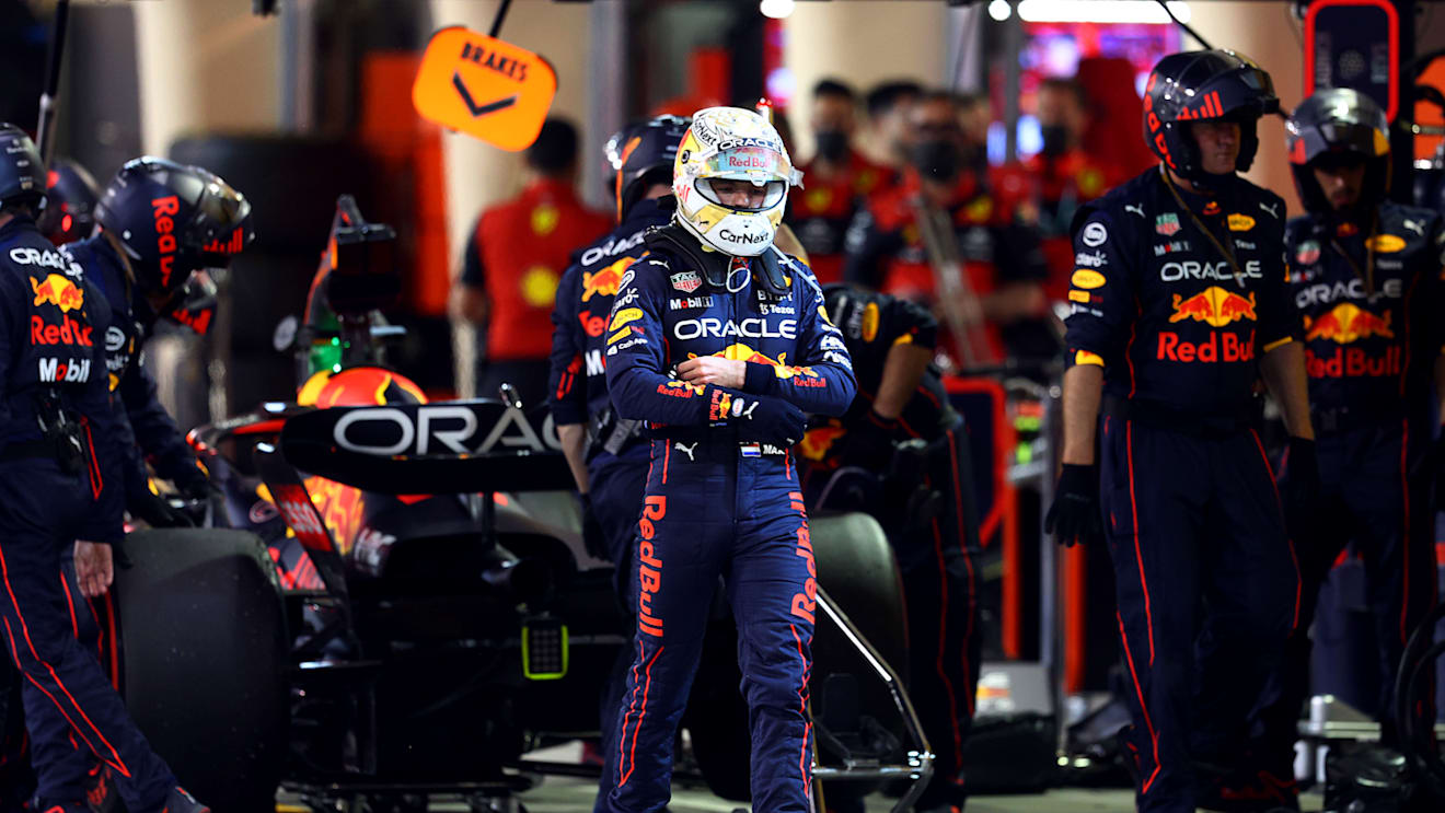 BAHRAIN, BAHRAIN - MARCH 20: Max Verstappen of the Netherlands and Oracle Red Bull Racing looks dejected as he walks from his car after retiring from the race during the F1 Grand Prix of Bahrain at Bahrain International Circuit on March 20, 2022 in Bahrain, Bahrain. (Photo by Clive Rose - Formula 1/Formula 1 via Getty Images)