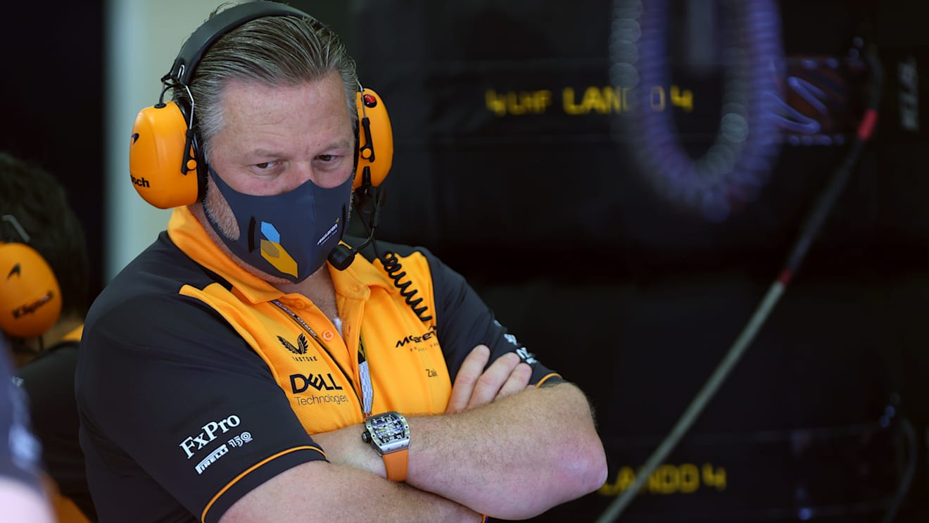 BAHRAIN, BAHRAIN - MARCH 11: McLaren Chief Executive Officer Zak Brown looks on in the garage during Day Two of F1 Testing at Bahrain International Circuit on March 11, 2022 in Bahrain, Bahrain. (Photo by Dan Istitene - Formula 1/Formula 1 via Getty Images)