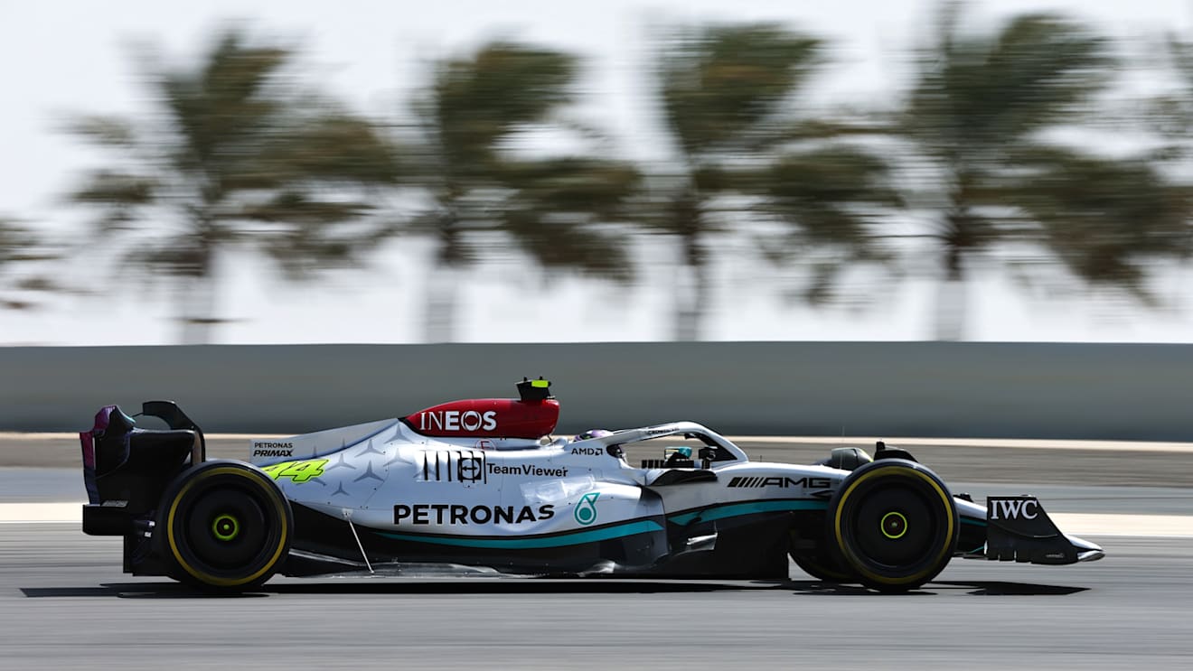 BAHRAIN, BAHRAIN - MARCH 12: Lewis Hamilton of Great Britain driving the (44) Mercedes AMG Petronas F1 Team W13 on track during Day Three of F1 Testing at Bahrain International Circuit on March 12, 2022 in Bahrain, Bahrain. (Photo by Lars Baron/Getty Images)