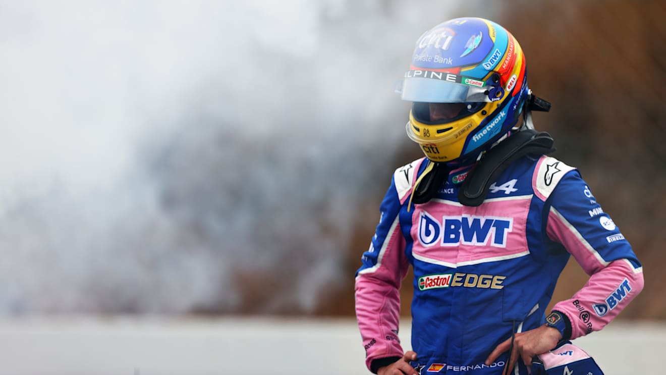 BARCELONA, SPAIN - FEBRUARY 25: Fernando Alonso of Spain and Alpine F1 looks on after stopping on track during Day Three of F1 Testing at Circuit de Barcelona-Catalunya on February 25, 2022 in Barcelona, Spain. (Photo by Dan Istitene - Formula 1/Formula 1 via Getty Images)