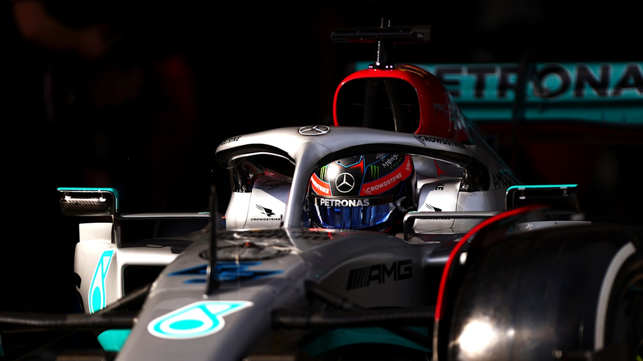 BARCELONA, SPAIN - FEBRUARY 24: George Russell of Great Britain driving the (63) Mercedes AMG Petronas F1 Team W13 in the Pitlane during Day Two of F1 Testing at Circuit de Barcelona-Catalunya on February 24, 2022 in Barcelona, Spain. (Photo by Dan Istitene - Formula 1/Formula 1 via Getty Images)