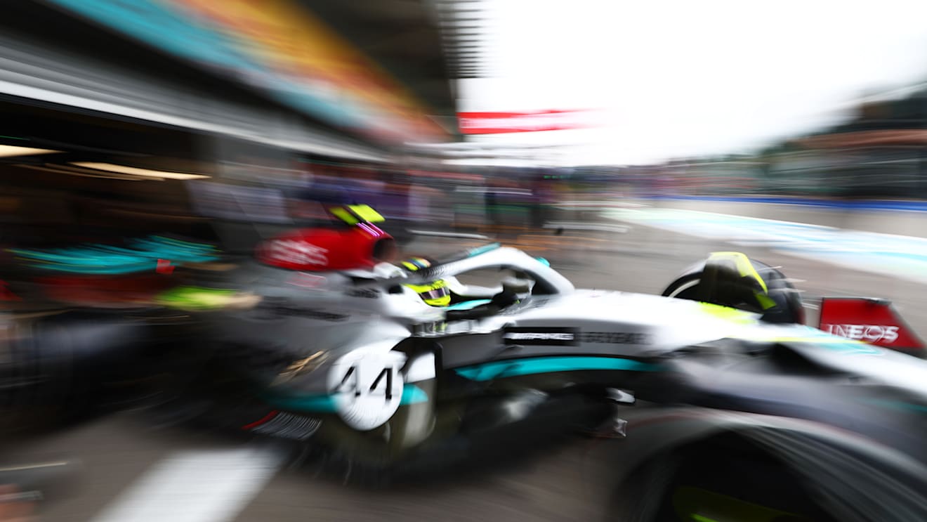 SPA, BELGIUM - AUGUST 26: Lewis Hamilton of Great Britain driving the (44) Mercedes AMG Petronas F1 Team W13 leaves the garage during practice ahead of the F1 Grand Prix of Belgium at Circuit de Spa-Francorchamps on August 26, 2022 in Spa, Belgium. (Photo by Mark Thompson/Getty Images)