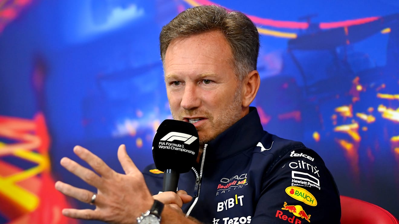 SPA, BELGIUM - AUGUST 27: Red Bull Racing Team Principal Christian Horner attends the Team Principals Press Conference prior to final practice ahead of the F1 Grand Prix of Belgium at Circuit de Spa-Francorchamps on August 27, 2022 in Spa, Belgium. (Photo by Dan Mullan/Getty Images)