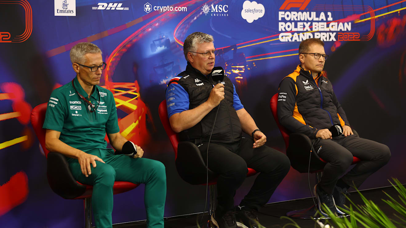 SPA, BELGIUM - AUGUST 27: (L-R) Mike Krack, Team Principal of the Aston Martin F1 Team, Otmar Szafnauer, Team Principal of Alpine F1 and McLaren Team Principal Andreas Seidl attend the Team Principals Press Conference prior to final practice ahead of the F1 Grand Prix of Belgium at Circuit de Spa-Francorchamps on August 27, 2022 in Spa, Belgium. (Photo by Lars Baron/Getty Images)