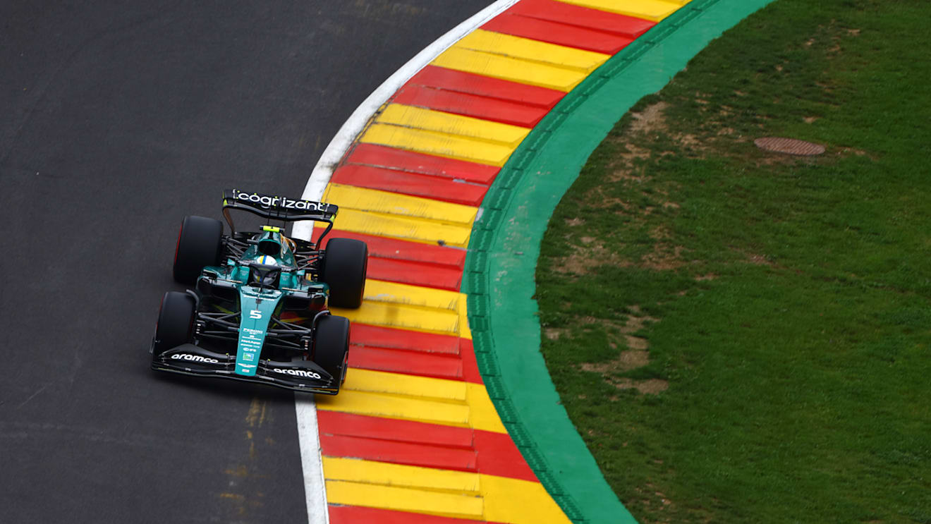 SPA, BELGIUM - AUGUST 27: Sebastian Vettel of Germany driving the (5) Aston Martin AMR22 Mercedes on track during final practice ahead of the F1 Grand Prix of Belgium at Circuit de Spa-Francorchamps on August 27, 2022 in Spa, Belgium. (Photo by Mark Thompson/Getty Images)