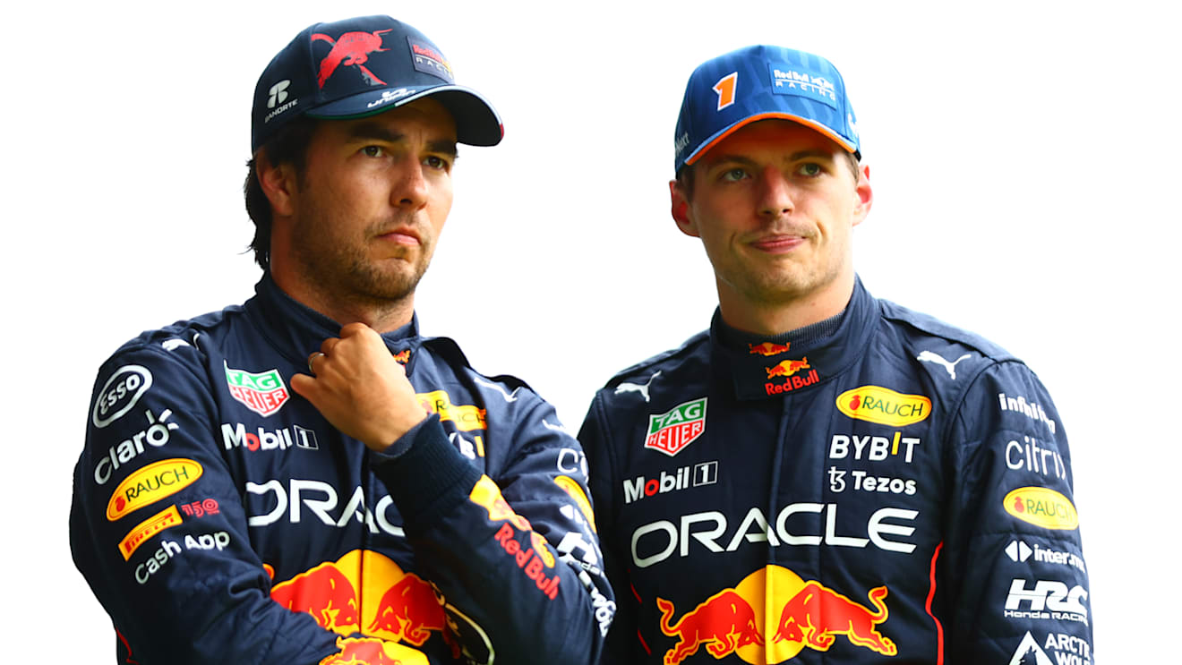 SPA, BELGIUM - AUGUST 27: Pole position qualifier Max Verstappen of the Netherlands and Oracle Red Bull Racing and Third placed qualifier Sergio Perez of Mexico and Oracle Red Bull Racing talk in parc ferme during qualifying ahead of the F1 Grand Prix of Belgium at Circuit de Spa-Francorchamps on August 27, 2022 in Spa, Belgium. (Photo by Dan Istitene - Formula 1/Formula 1 via Getty Images)