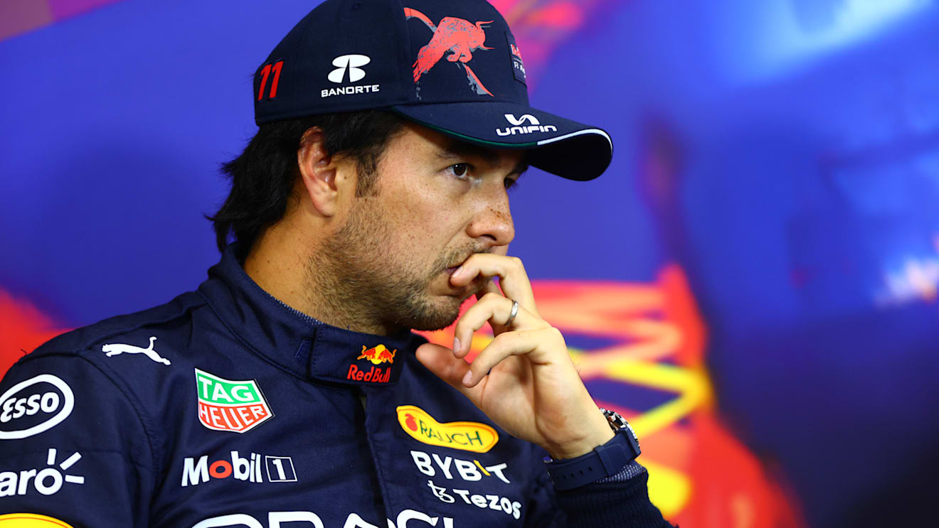 SPA, BELGIUM - AUGUST 27: Third placed qualifier Sergio Perez of Mexico and Oracle Red Bull Racing attends the press conference after qualifying ahead of the F1 Grand Prix of Belgium at Circuit de Spa-Francorchamps on August 27, 2022 in Spa, Belgium. (Photo by Dan Istitene/Getty Images)