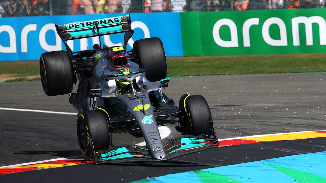 SPA, BELGIUM - AUGUST 28: Lewis Hamilton of Great Britain driving the (44) Mercedes AMG Petronas F1 Team W13 lands on the run off area after a crash during the F1 Grand Prix of Belgium at Circuit de Spa-Francorchamps on August 28, 2022 in Spa, Belgium. (Photo by Joe Portlock - Formula 1/Formula 1 via Getty Images)