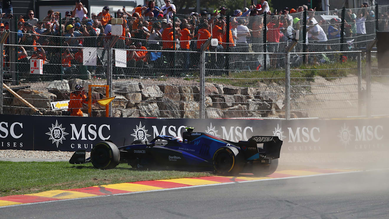 SPA, BELGIUM - AUGUST 28: Nicholas Latifi of Canada driving the (6) Williams FW44 Mercedes spins during the F1 Grand Prix of Belgium at Circuit de Spa-Francorchamps on August 28, 2022 in Spa, Belgium. (Photo by Joe Portlock - Formula 1/Formula 1 via Getty Images)
