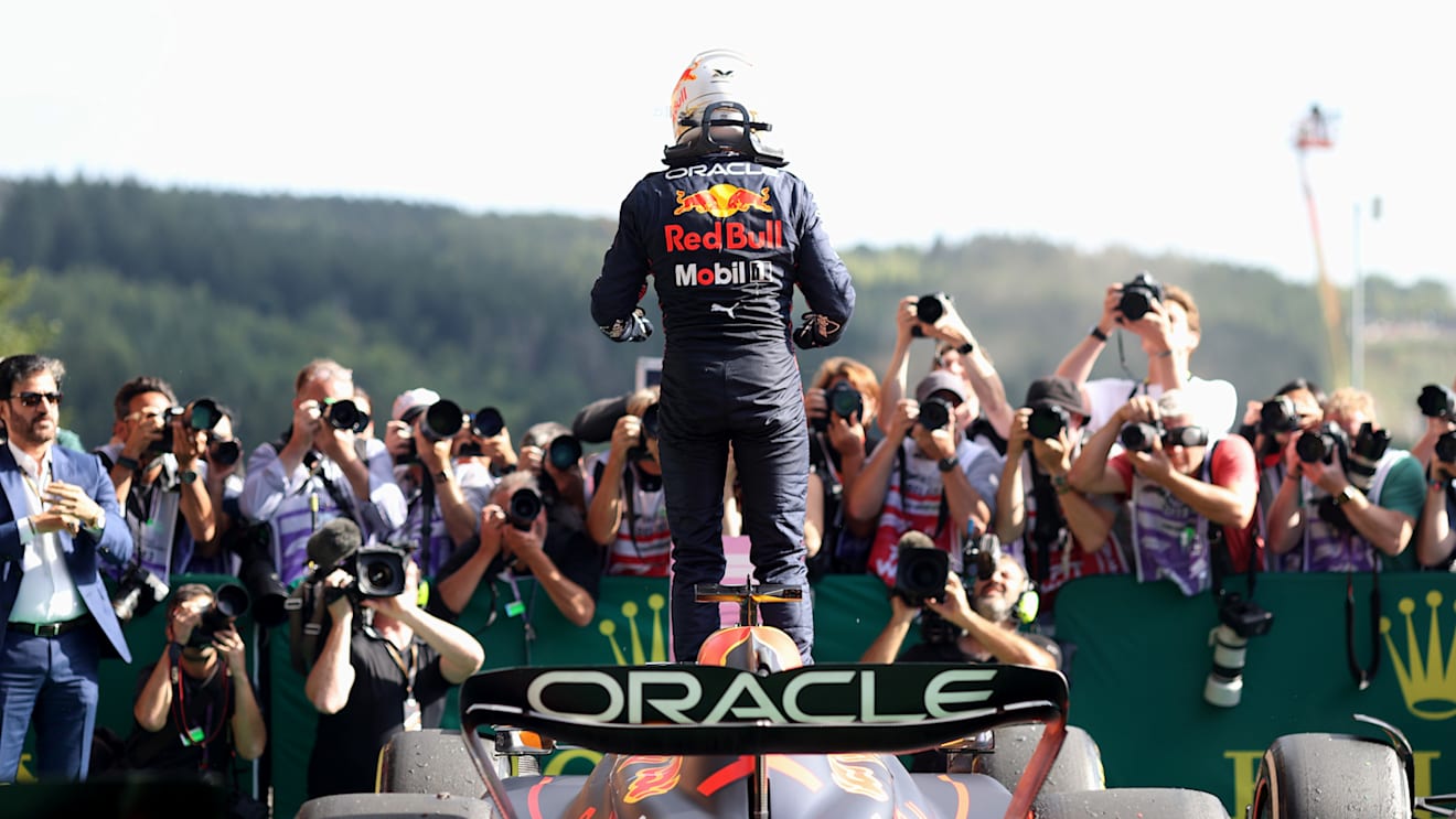 SPA, BELGIUM - AUGUST 28: Race winner Max Verstappen of the Netherlands and Oracle Red Bull Racing celebrates in parc ferme during the F1 Grand Prix of Belgium at Circuit de Spa-Francorchamps on August 28, 2022 in Spa, Belgium. (Photo by Peter Fox/Getty Images)