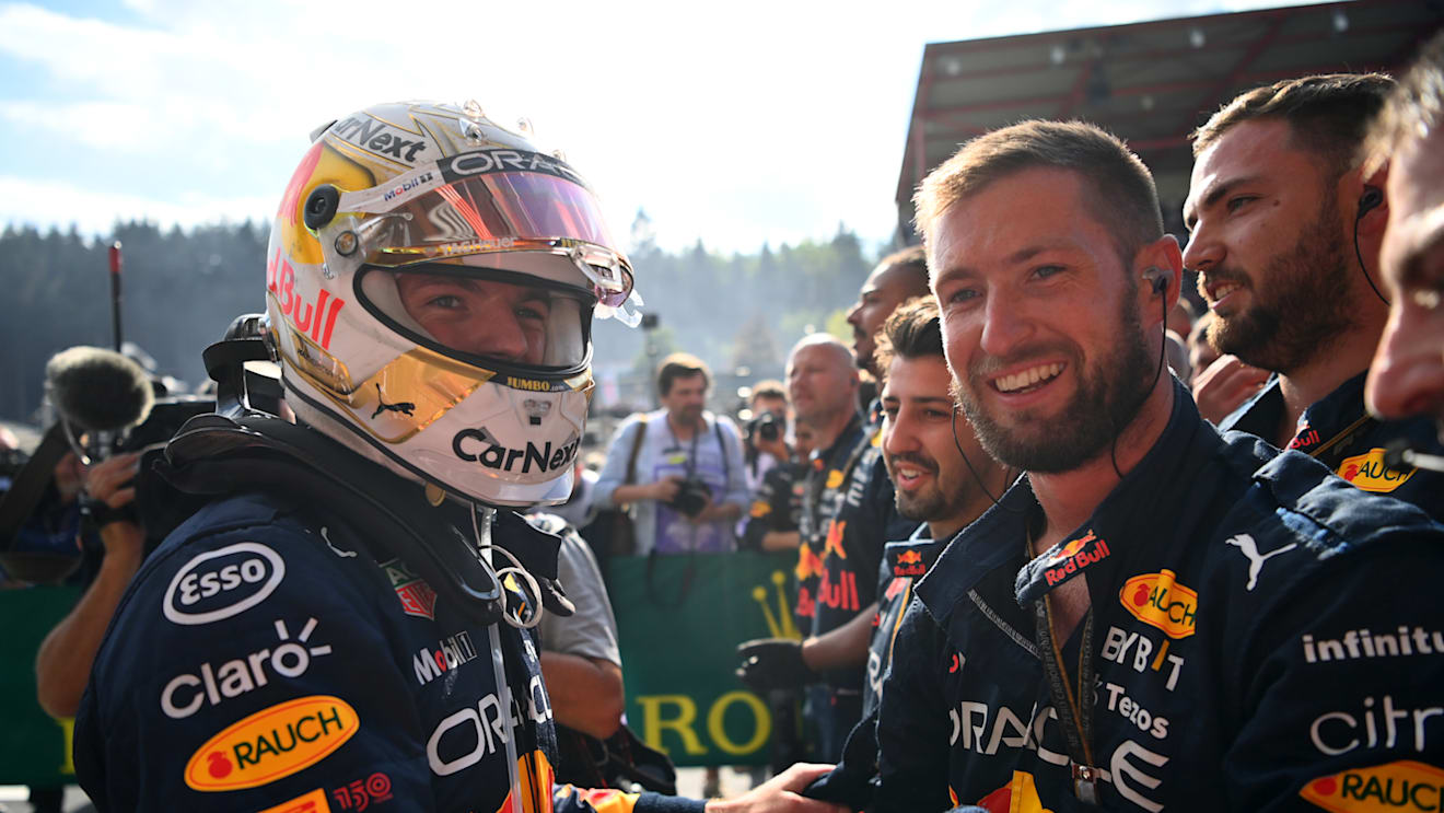 SPA, BELGIUM - AUGUST 28: Race winner Max Verstappen of the Netherlands and Oracle Red Bull Racing celebrates in parc ferme during the F1 Grand Prix of Belgium at Circuit de Spa-Francorchamps on August 28, 2022 in Spa, Belgium. (Photo by Dan Mullan/Getty Images)