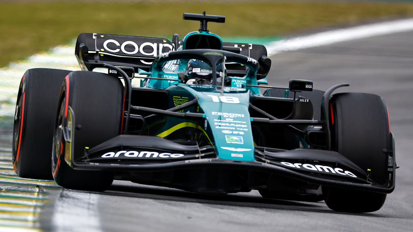 SAO PAULO, BRAZIL - NOVEMBER 11: Lance Stroll of Canada driving the (18) Aston Martin AMR22 Mercedes on track during practice ahead of the F1 Grand Prix of Brazil at Autodromo Jose Carlos Pace on November 11, 2022 in Sao Paulo, Brazil. (Photo by Chris Graythen/Getty Images)