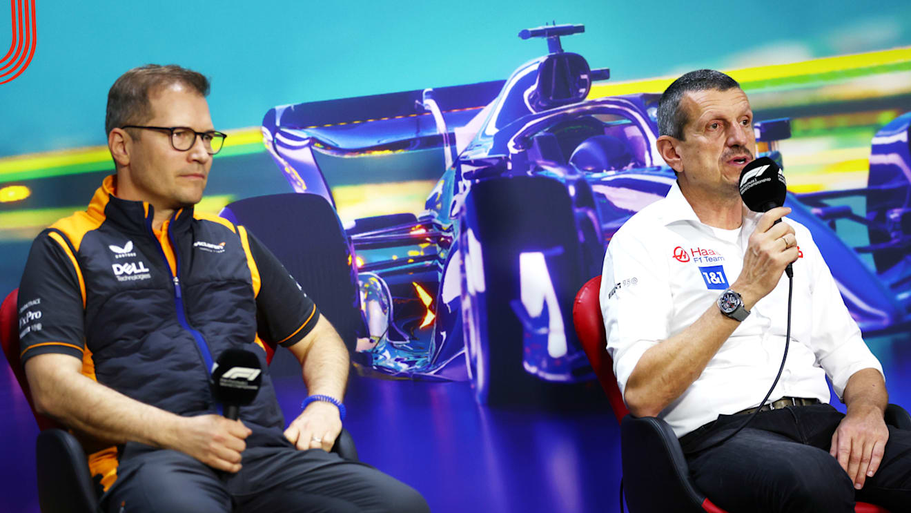 SAO PAULO, BRAZIL - NOVEMBER 12: McLaren Team Principal Andreas Seidl and Haas F1 Team Principal Guenther Steiner attend a press conference prior to practice ahead of the F1 Grand Prix of Brazil at Autodromo Jose Carlos Pace on November 12, 2022 in Sao Paulo, Brazil. (Photo by Bryn Lennon/Getty Images)
