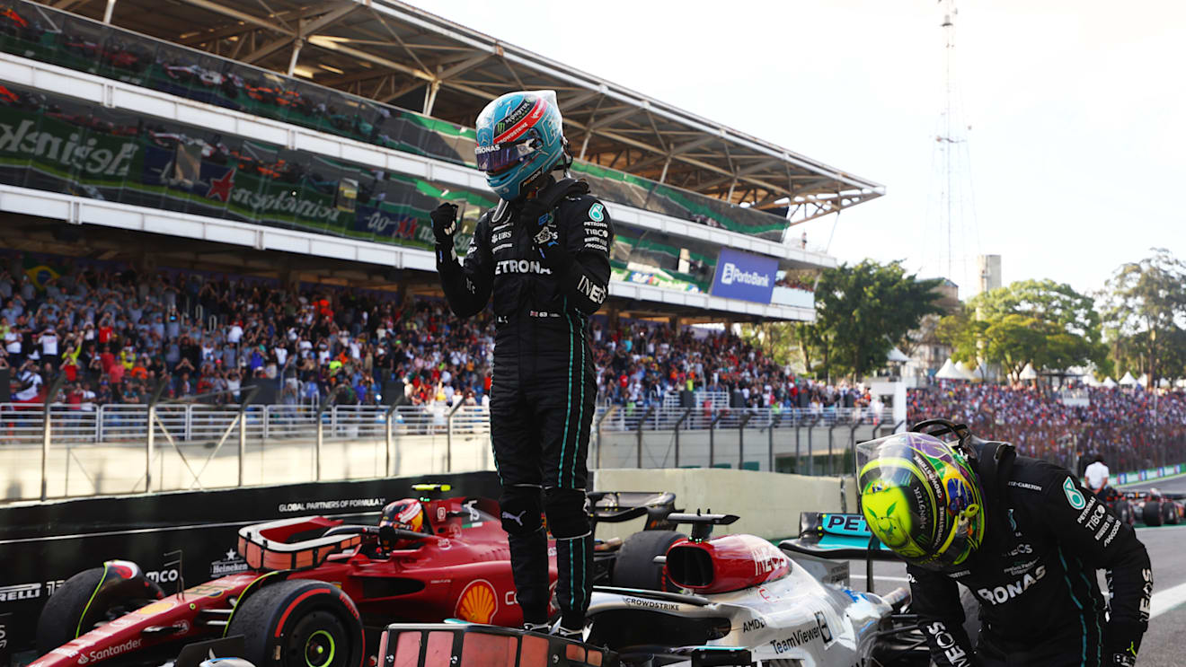 SAO PAULO, BRAZIL - NOVEMBER 12: Sprint winner George Russell of Great Britain and Mercedes celebrates in parc ferme during the Sprint ahead of the F1 Grand Prix of Brazil at Autodromo Jose Carlos Pace on November 12, 2022 in Sao Paulo, Brazil. (Photo by Bryn Lennon - Formula 1/Formula 1 via Getty Images)