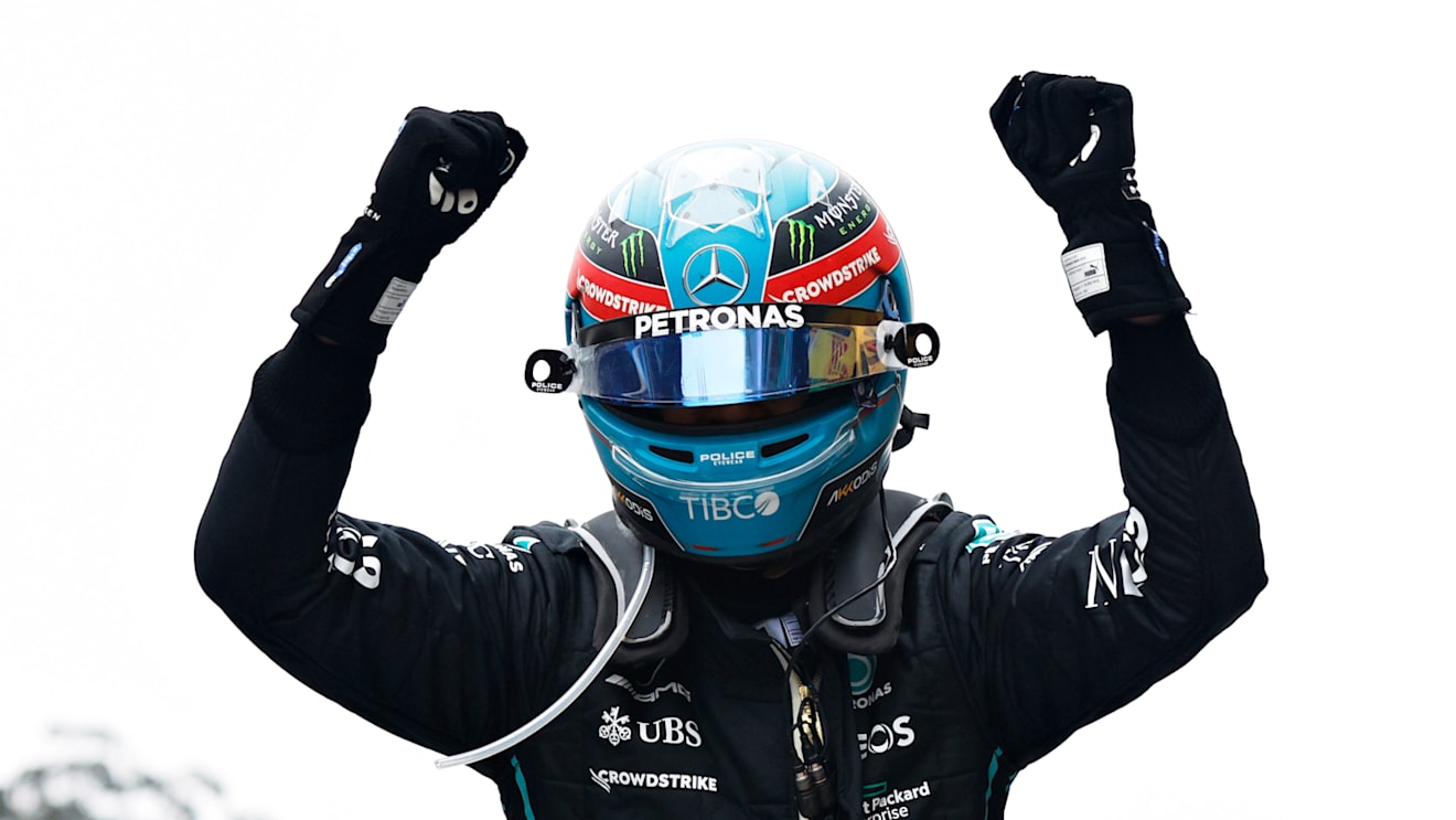 SAO PAULO, BRAZIL - NOVEMBER 13: Race winner George Russell of Great Britain and Mercedes celebrates in parc ferme during the F1 Grand Prix of Brazil at Autodromo Jose Carlos Pace on November 13, 2022 in Sao Paulo, Brazil. (Photo by Jared C. Tilton/Getty Images)