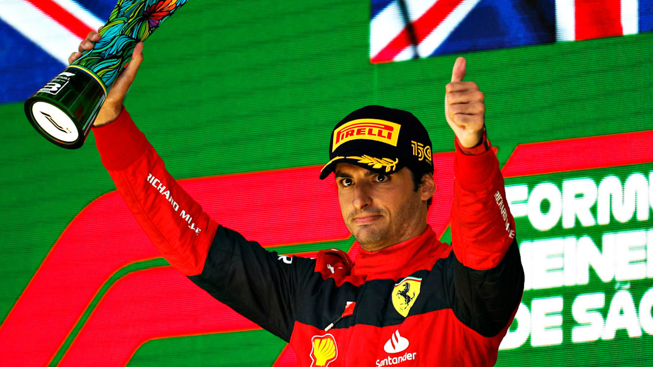 SAO PAULO, BRAZIL - NOVEMBER 13: Third placed Carlos Sainz of Spain and Ferrari celebrates on the podium during the F1 Grand Prix of Brazil at Autodromo Jose Carlos Pace on November 13, 2022 in Sao Paulo, Brazil. (Photo by Jared C. Tilton/Getty Images)