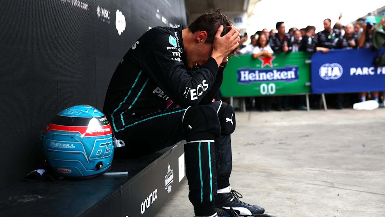 SAO PAULO, BRAZIL - NOVEMBER 13: Race winner George Russell of Great Britain and Mercedes reacts in parc ferme during the F1 Grand Prix of Brazil at Autodromo Jose Carlos Pace on November 13, 2022 in Sao Paulo, Brazil. (Photo by Dan Istitene - Formula 1/Formula 1 via Getty Images)