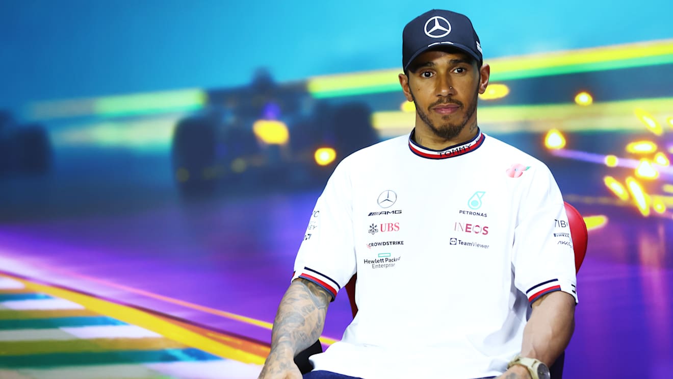 SAO PAULO, BRAZIL - NOVEMBER 13: Second placed Lewis Hamilton of Great Britain and Mercedes attends the press conference after the F1 Grand Prix of Brazil at Autodromo Jose Carlos Pace on November 13, 2022 in Sao Paulo, Brazil. (Photo by Dan Istitene/Getty Images)