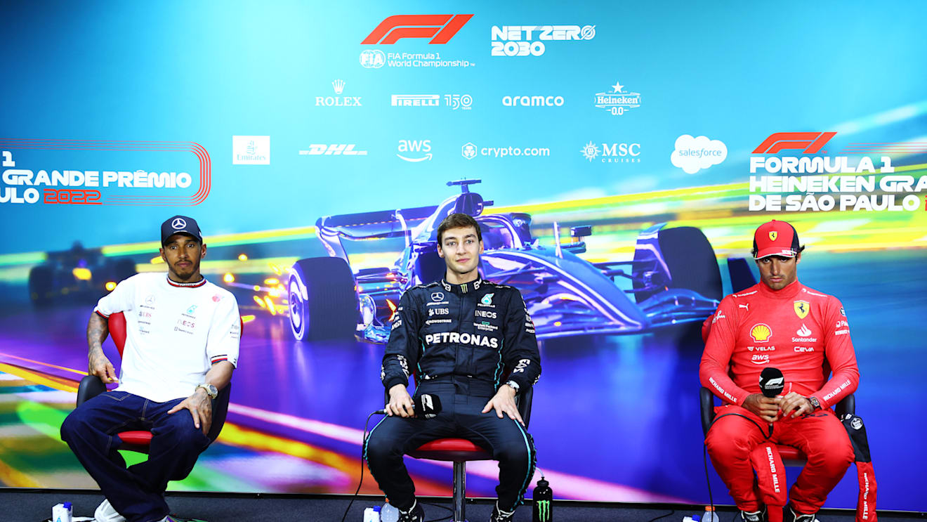 SAO PAULO, BRAZIL - NOVEMBER 13: Race winner George Russell of Great Britain and Mercedes, Second placed Lewis Hamilton of Great Britain and Mercedes and Third placed Carlos Sainz of Spain and Ferrari attend the press conference after the F1 Grand Prix of Brazil at Autodromo Jose Carlos Pace on November 13, 2022 in Sao Paulo, Brazil. (Photo by Dan Istitene/Getty Images)
