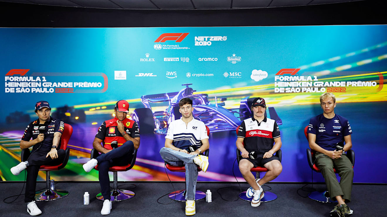 SAO PAULO, BRAZIL - NOVEMBER 10: (L-R) Sergio Perez of Mexico and Oracle Red Bull Racing, Carlos Sainz of Spain and Ferrari, Pierre Gasly of France and Scuderia AlphaTauri, Valtteri Bottas of Finland and Alfa Romeo F1 and Alexander Albon of Thailand and Williams attend the Drivers Press Conference during previews ahead of the F1 Grand Prix of Brazil at Autodromo Jose Carlos Pace on November 10, 2022 in Sao Paulo, Brazil. (Photo by Jared C. Tilton/Getty Images)