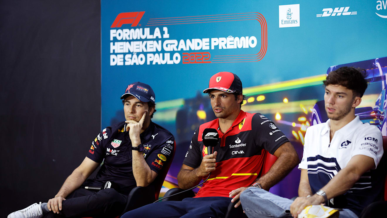 SAO PAULO, BRAZIL - NOVEMBER 10: Sergio Perez of Mexico and Oracle Red Bull Racing, Carlos Sainz of Spain and Ferrari and Pierre Gasly of France and Scuderia AlphaTauri attend the Drivers Press Conference during previews ahead of the F1 Grand Prix of Brazil at Autodromo Jose Carlos Pace on November 10, 2022 in Sao Paulo, Brazil. (Photo by Jared C. Tilton/Getty Images)