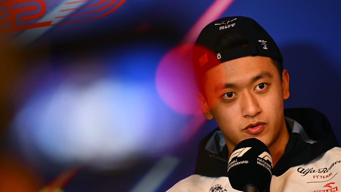 MONTREAL, QUEBEC - JUNE 17: Zhou Guanyu of China and Alfa Romeo F1 talks in the Drivers Press Conference prior to practice ahead of the F1 Grand Prix of Canada at Circuit Gilles Villeneuve on June 17, 2022 in Montreal, Quebec. (Photo by Clive Mason/Getty Images)