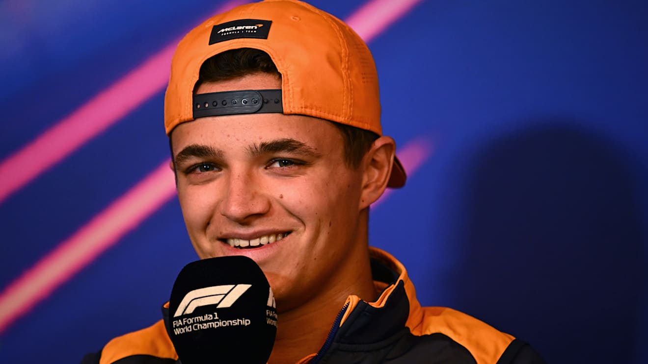 MONTREAL, QUEBEC - JUNE 17: Lando Norris of Great Britain and McLaren talks in the Drivers Press Conference prior to practice ahead of the F1 Grand Prix of Canada at Circuit Gilles Villeneuve on June 17, 2022 in Montreal, Quebec. (Photo by Clive Mason/Getty Images)