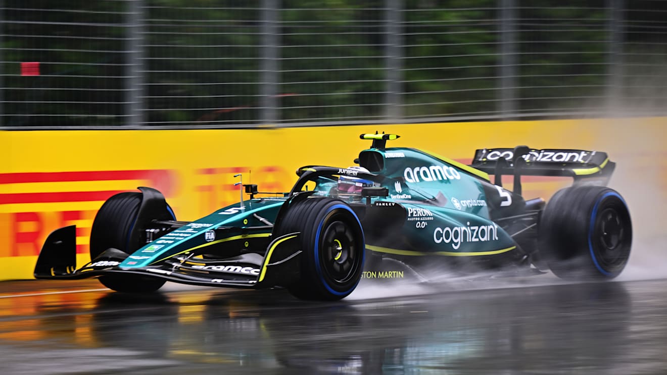 MONTREAL, QUEBEC - JUNE 18: Sebastian Vettel of Germany driving the (5) Aston Martin AMR22 Mercedes in the wet during final practice ahead of the F1 Grand Prix of Canada at Circuit Gilles Villeneuve on June 18, 2022 in Montreal, Quebec. (Photo by Clive Mason/Getty Images)
