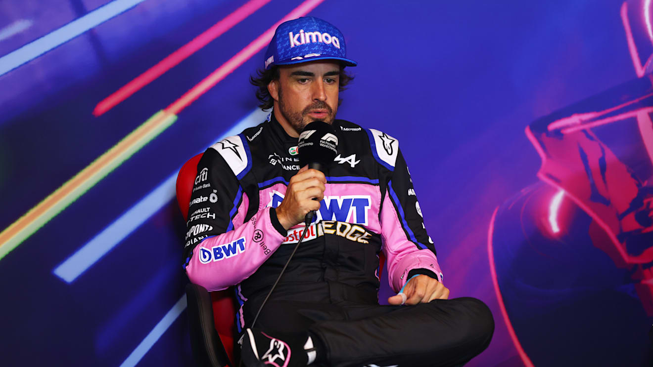 MONTREAL, QUEBEC - JUNE 18: Second placed qualifier Fernando Alonso of Spain and Alpine F1 attends the press conference after qualifying ahead of the F1 Grand Prix of Canada at Circuit Gilles Villeneuve on June 18, 2022 in Montreal, Quebec. (Photo by Lars Baron/Getty Images)