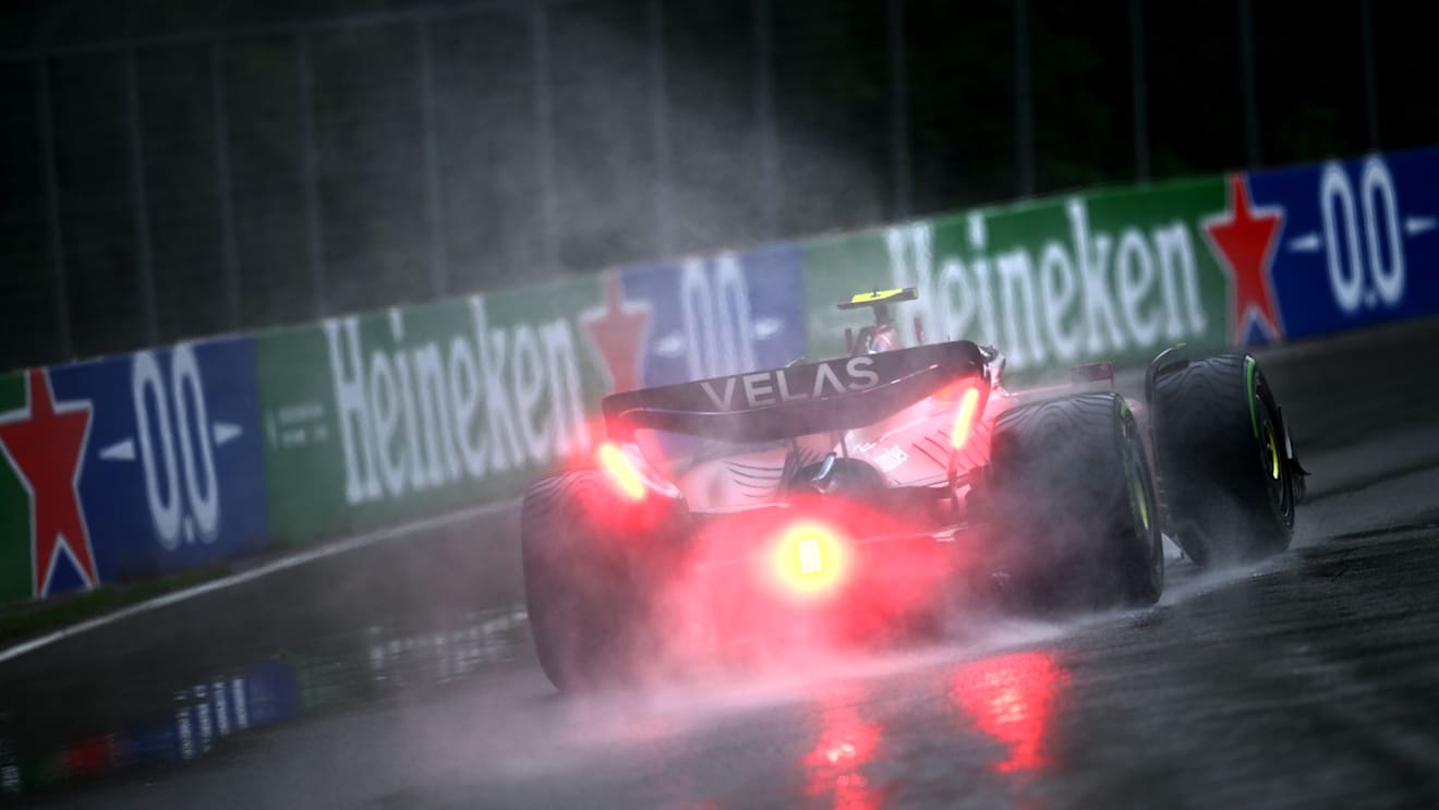MONTREAL, QUEBEC - JUNE 18: Carlos Sainz of Spain driving (55) the Ferrari F1-75 in the wet during qualifying ahead of the F1 Grand Prix of Canada at Circuit Gilles Villeneuve on June 18, 2022 in Montreal, Quebec. (Photo by Clive Mason/Getty Images)