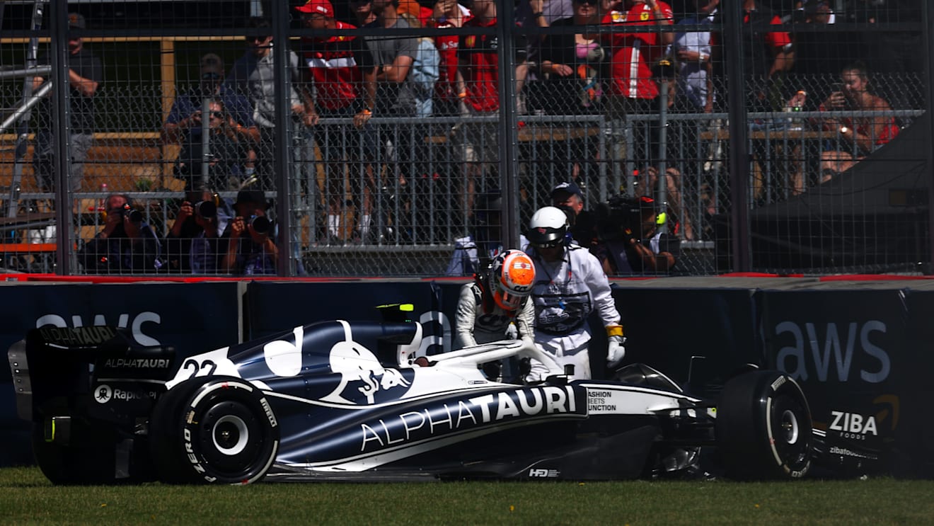 MONTREAL, QUEBEC - JUNE 19: Yuki Tsunoda of Japan and Scuderia AlphaTauri climbs from his car after crashing out of the race during the F1 Grand Prix of Canada at Circuit Gilles Villeneuve on June 19, 2022 in Montreal, Quebec. (Photo by Lars Baron - Formula 1/Formula 1 via Getty Images)