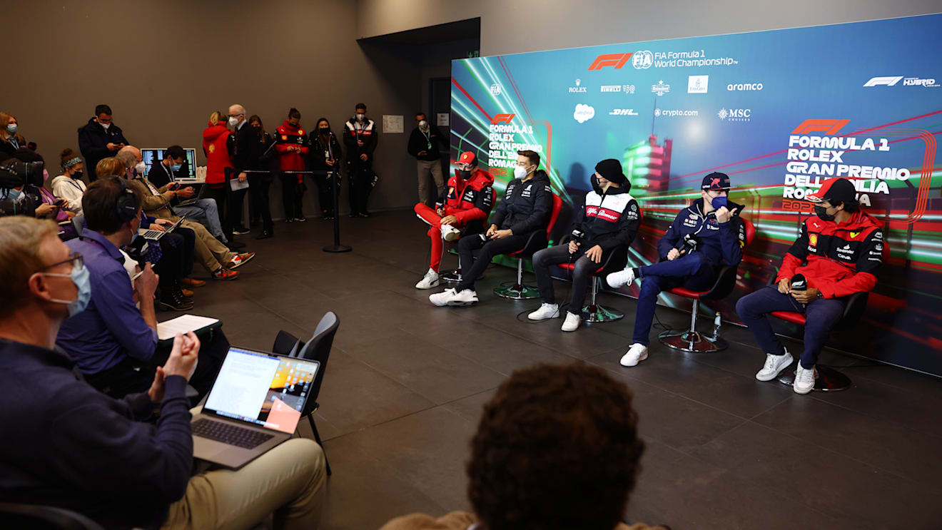 IMOLA, ITALY - APRIL 22: Charles Leclerc of Monaco and Ferrari, George Russell of Great Britain and Mercedes, Valtteri Bottas of Finland and Alfa Romeo F1, Max Verstappen of the Netherlands and Oracle Red Bull Racing and Carlos Sainz of Spain and Ferrari attend the Drivers Press Conference prior to practice ahead of the F1 Grand Prix of Emilia Romagna at Autodromo Enzo e Dino Ferrari on April 22, 2022 in Imola, Italy. (Photo by Lars Baron/Getty Images)