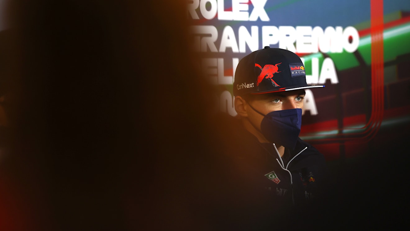 IMOLA, ITALY - APRIL 22: Max Verstappen of the Netherlands and Oracle Red Bull Racing talks in the Drivers Press Conference prior to practice ahead of the F1 Grand Prix of Emilia Romagna at Autodromo Enzo e Dino Ferrari on April 22, 2022 in Imola, Italy. (Photo by Lars Baron/Getty Images)