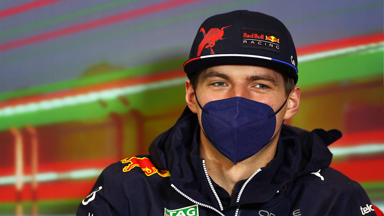 IMOLA, ITALY - APRIL 22: Max Verstappen of the Netherlands and Oracle Red Bull Racing talks in the Drivers Press Conference prior to practice ahead of the F1 Grand Prix of Emilia Romagna at Autodromo Enzo e Dino Ferrari on April 22, 2022 in Imola, Italy. (Photo by Lars Baron/Getty Images)
