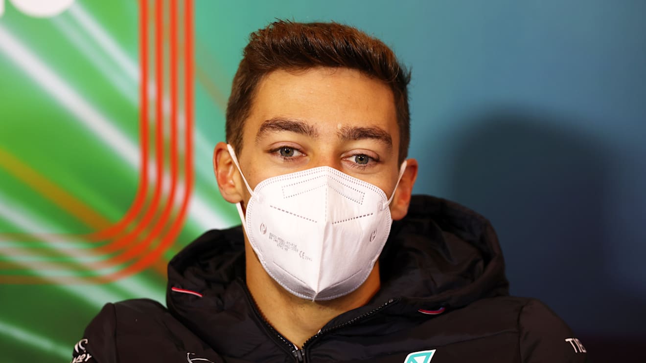 IMOLA, ITALY - APRIL 22: George Russell of Great Britain and Mercedes talks in the Drivers Press Conference prior to practice ahead of the F1 Grand Prix of Emilia Romagna at Autodromo Enzo e Dino Ferrari on April 22, 2022 in Imola, Italy. (Photo by Lars Baron/Getty Images)