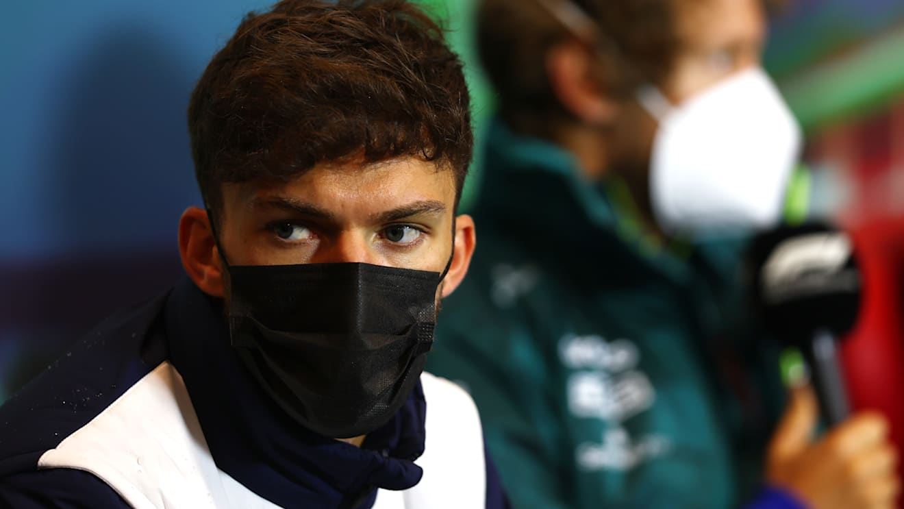 IMOLA, ITALY - APRIL 22: Pierre Gasly of France and Scuderia AlphaTauri talks in the Drivers Press Conference prior to practice ahead of the F1 Grand Prix of Emilia Romagna at Autodromo Enzo e Dino Ferrari on April 22, 2022 in Imola, Italy. (Photo by Lars Baron/Getty Images)