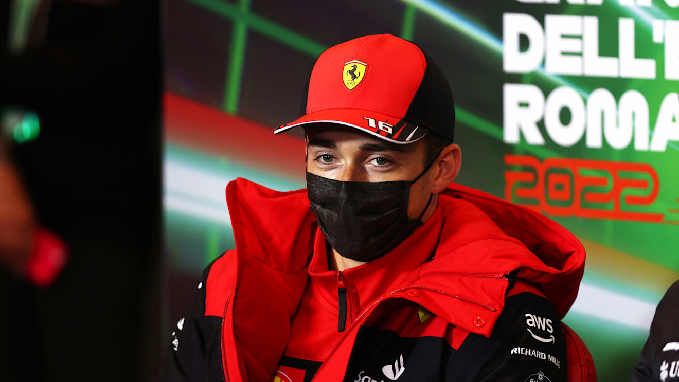 IMOLA, ITALY - APRIL 22: Charles Leclerc of Monaco and Ferrari talks in the Drivers Press Conference prior to practice ahead of the F1 Grand Prix of Emilia Romagna at Autodromo Enzo e Dino Ferrari on April 22, 2022 in Imola, Italy. (Photo by Lars Baron/Getty Images)
