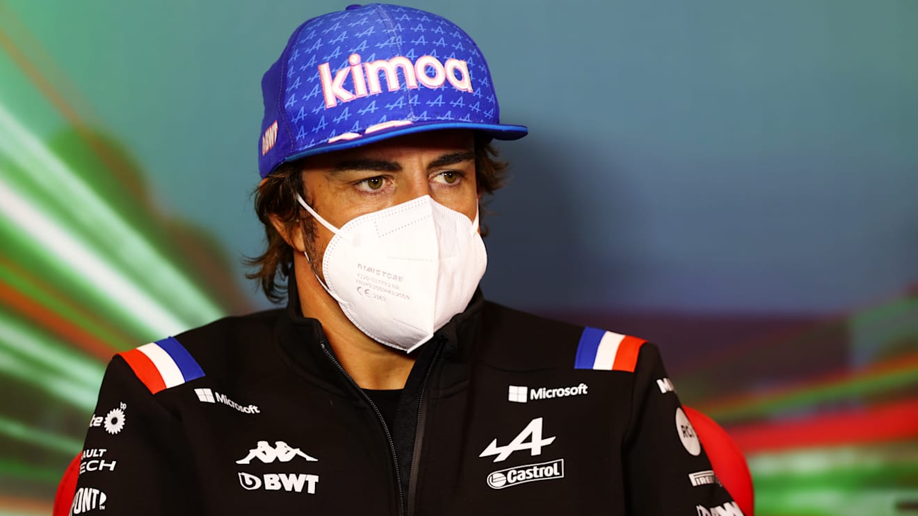 IMOLA, ITALY - APRIL 22: Fernando Alonso of Spain and Alpine F1 talks in the Drivers Press Conference prior to practice ahead of the F1 Grand Prix of Emilia Romagna at Autodromo Enzo e Dino Ferrari on April 22, 2022 in Imola, Italy. (Photo by Lars Baron/Getty Images)