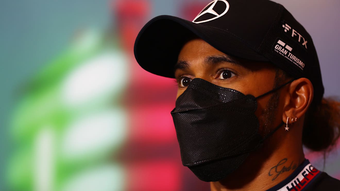 IMOLA, ITALY - APRIL 22: Lewis Hamilton of Great Britain and Mercedes talks in the Drivers Press Conference prior to practice ahead of the F1 Grand Prix of Emilia Romagna at Autodromo Enzo e Dino Ferrari on April 22, 2022 in Imola, Italy. (Photo by Lars Baron/Getty Images)
