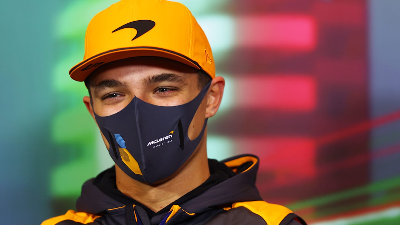 IMOLA, ITALY - APRIL 22: Lando Norris of Great Britain and McLaren talks in the Drivers Press Conference prior to practice ahead of the F1 Grand Prix of Emilia Romagna at Autodromo Enzo e Dino Ferrari on April 22, 2022 in Imola, Italy. (Photo by Lars Baron/Getty Images)