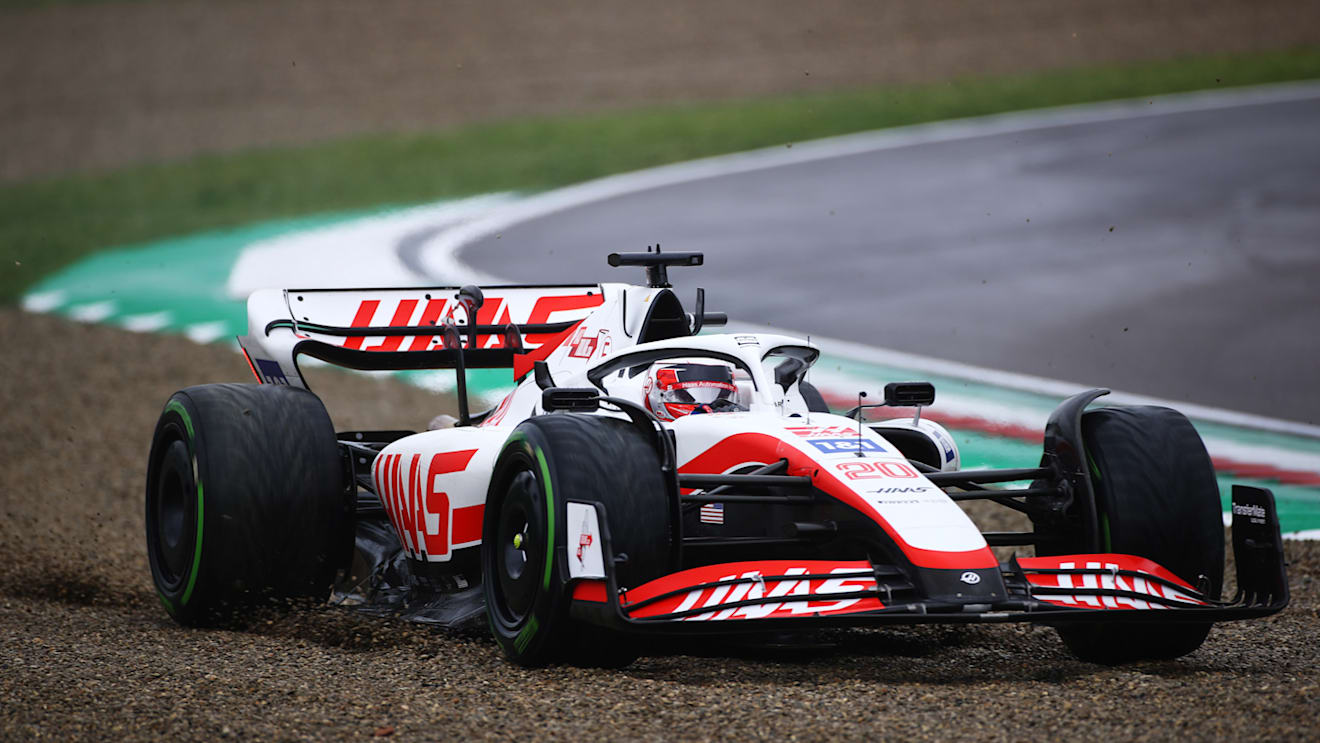 IMOLA, ITALY - APRIL 22: Kevin Magnussen of Denmark driving the (20) Haas F1 VF-22 Ferrari runs wide during practice ahead of the F1 Grand Prix of Emilia Romagna at Autodromo Enzo e Dino Ferrari on April 22, 2022 in Imola, Italy. (Photo by Joe Portlock - Formula 1/Formula 1 via Getty Images)