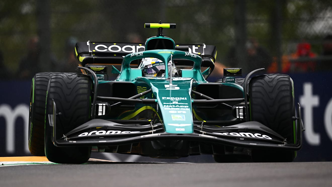 IMOLA, ITALY - APRIL 22: Sebastian Vettel of Germany driving the (5) Aston Martin AMR22 Mercedes on track during practice ahead of the F1 Grand Prix of Emilia Romagna at Autodromo Enzo e Dino Ferrari on April 22, 2022 in Imola, Italy. (Photo by Clive Mason/Getty Images)